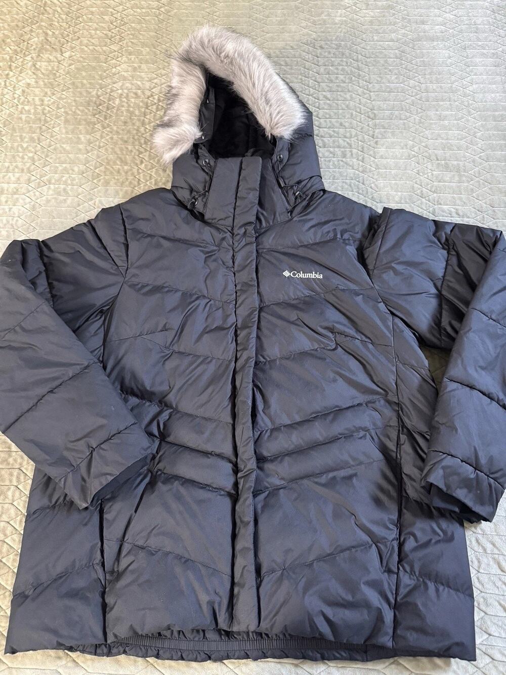 Womens Columbia L Removable Faux Fur Hood Black Parka Puffer